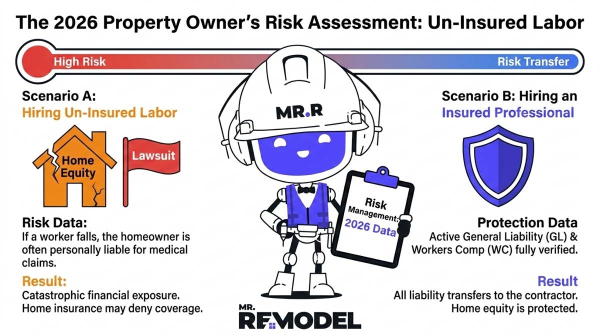 A 2026 roofing liability summary infographic comparing the high personal financial risk of hiring an un-insured crew against the multi-million dollar shield provided by an insured professional.